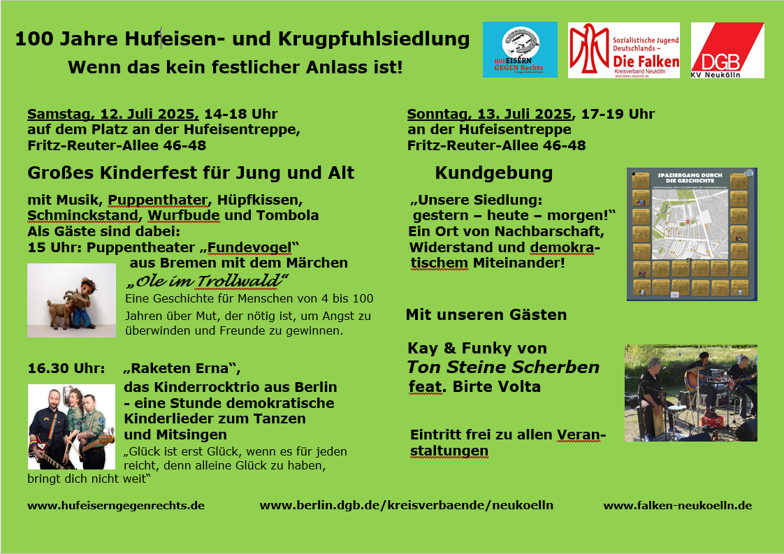 Großes Kinderfest für Jung und Alt am Samstag, 12. Juli 2025, 14-18 Uhr und Kundgebung am Sonntag, 13. Juli 2025, 17-19 Uhr, jeweils am Platz an der Hufeisentreppe, Fritz-Reuter-Allee 46-48