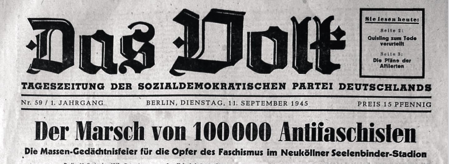Titelblatt der Zeitung das Volk mit der Überschrift: Der Marsch von 100 000 Antifaschisten