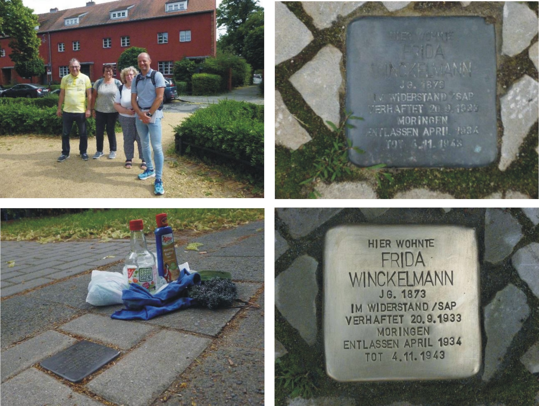 Vier Fotos der Putzaktion. Das erste Foro zeigt die Teilnehmenden, das zweite den beschmutzten Stolperstein von Frida Winckelmann, das dritte zeigt die verwendeten Putzmittel und das letzte zeigt den geputzten Stein