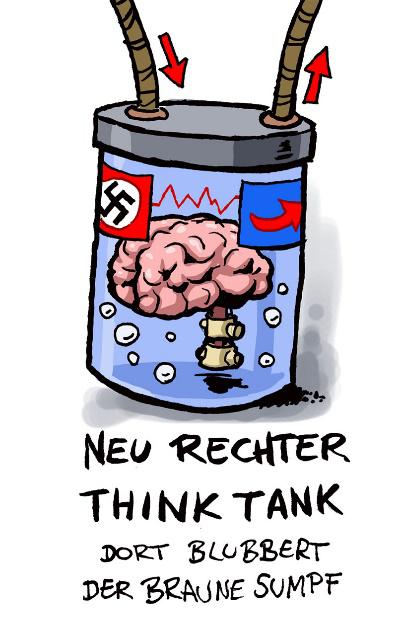 Karikatur: Neuer rechter Think Tank. Dort blubbert der braune Sumpf
