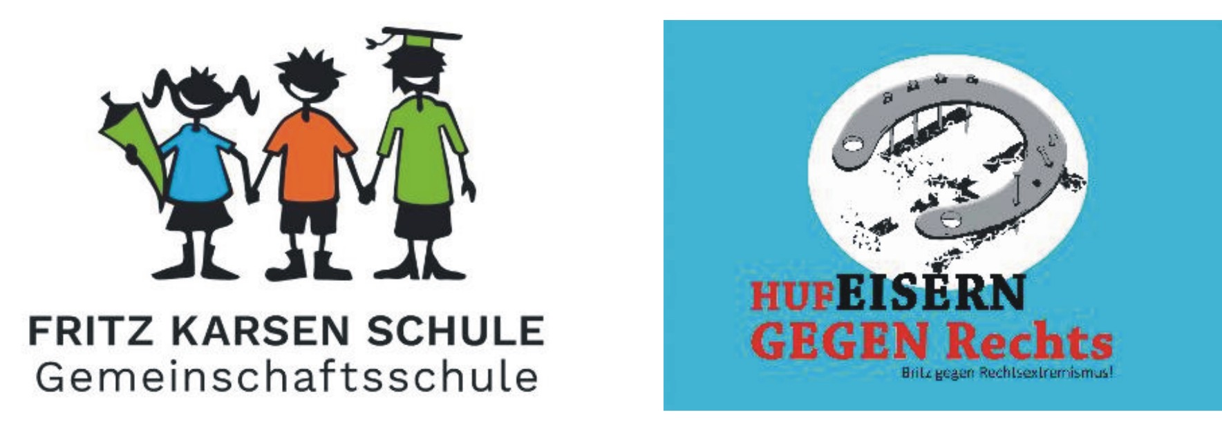 Die Logos der Fritz-Karsen-Schule und Hufeisern gegen Rechts